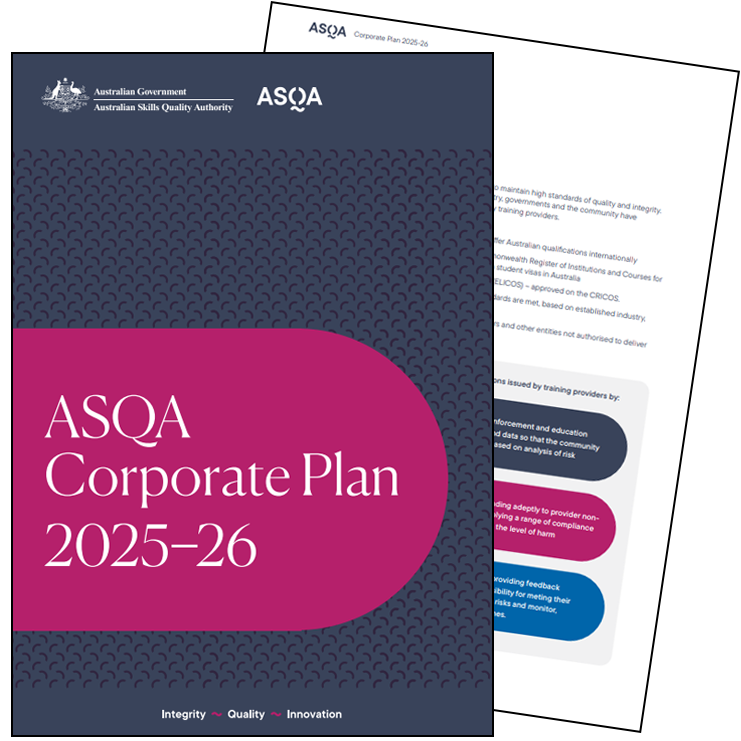 Image of two pages of the ASQA Corporate Plan stacked atop each other.