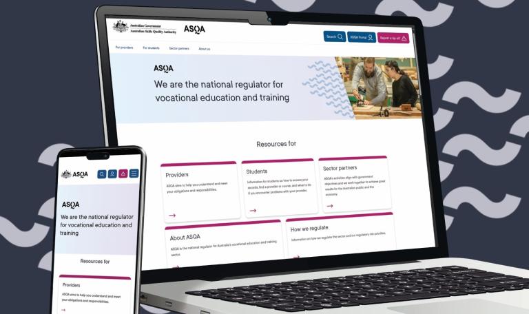 Phone and laptop screen display ASQA's new website homepage