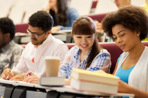 Female and male students sitting in a university lecture looking at books